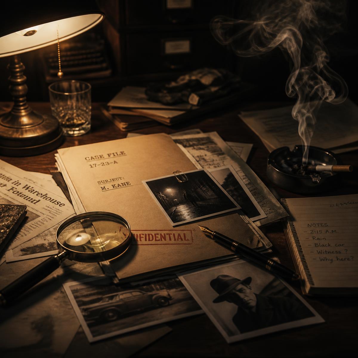 A noir desk covered in case files, evidence photographs and a magnifying glass under lamplight
