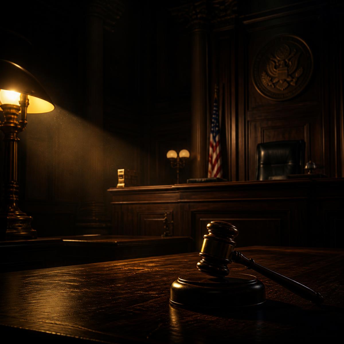An empty courtroom at night with a gavel resting on the bench under an amber lamp