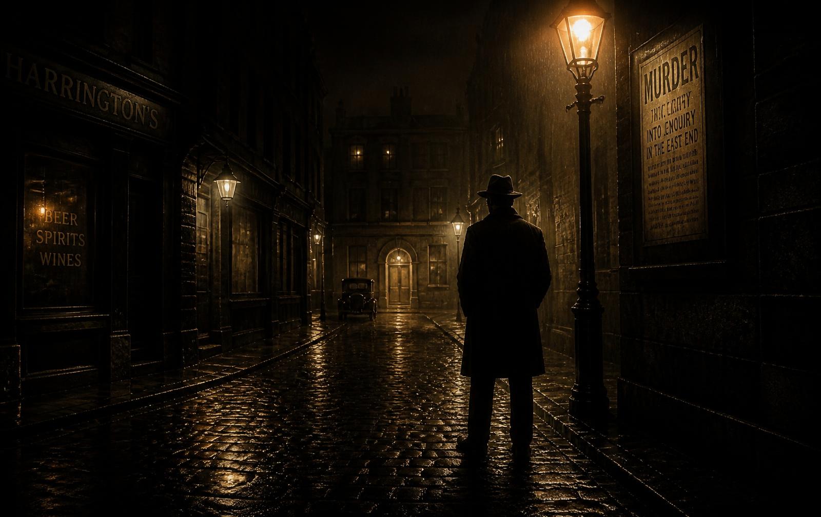 A trench-coated detective standing beneath a streetlamp on a rain-slicked cobblestone street at night